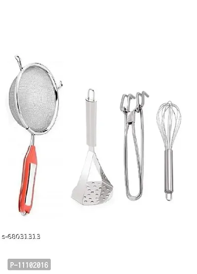 Combo of Stainless Steel Premium Quality Soup Strainer  Big Masher  Wire Pakkad Tong And Egg Beater Whisk(Pack of 4 Pcs)