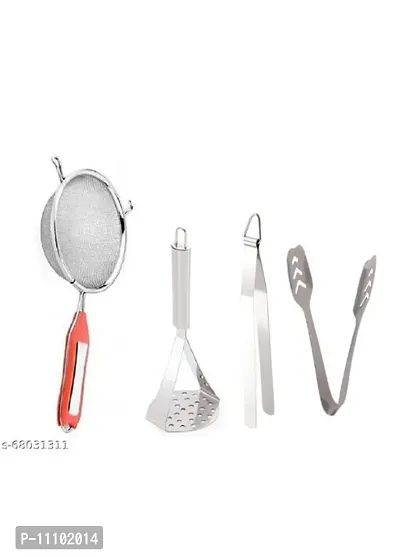 Combo of Stainless Steel Premium Quality Soup Strainer  Big Masher  Roti Chimta Tong And Momos Tong(Pack of 4 Pcs)