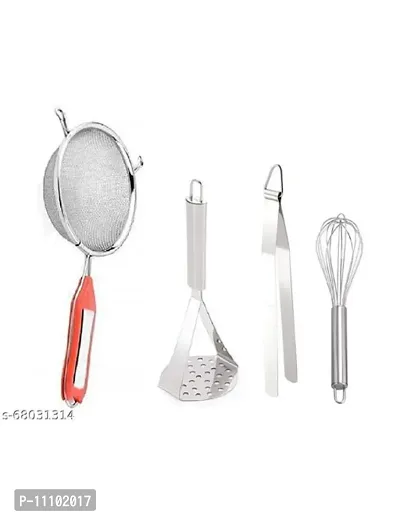 Combo of Stainless Steel Premium Quality Soup Strainer  Big Masher  Roti Chimta Tong And SS Egg Beater Whisk(Pack of 4 Pcs)