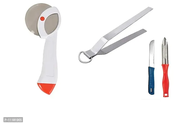 Stainless Steel Roti Chimta with Plastic Handle Stainless Steel Pizza Cutter and Knife Peeler(Pack of 4 Pcs)-thumb0