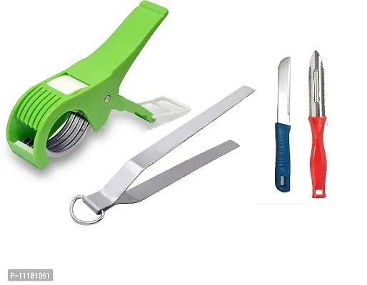 Stainless Steel Roti Chimta with Plastic 2 in 1 Multipurpose Bhindi Cutter and Knife Peeler(Pack of 4 Pcs)