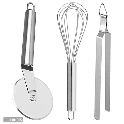 Combo of Stainless Steel Wheel Pizza Cutter with Stainless Steel Egg Beater  Roti Chimta Tong(Pack of 3 Pcs)-thumb0