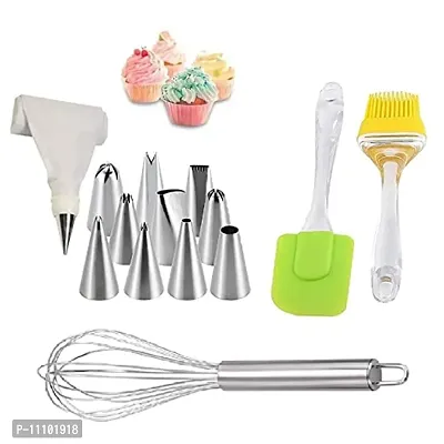 12 Pcs Cake Decorating Nozzle Tips Set with Piping Bag with Stainless Steel Egg Beater and Silicon Big Spatula  Oil Brush Set(Pack of 3 Pcs)