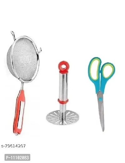 Combo of Stainless Steel Premium Quality Soup Strainer  Potato Pav Bhaji Small Masher and Multipurpose Big Scissor(Pack of 3 Pcs)-thumb0