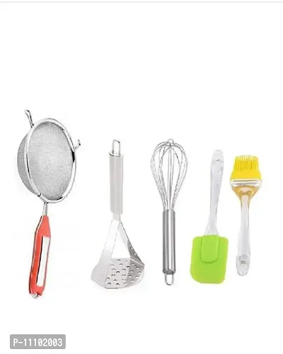 Combo of Stainless Steel Soup Juice Strainer  Pav Bhaji Big Masher Egg Beater Whisk and Silicon Big Spatula And Oil Brush Set(Pack of 4 Pcs)