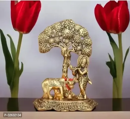 Krishna with Cow Standing Under Tree Plying Flute Decorative Showpiece  17 cm Aluminium Gold-thumb0