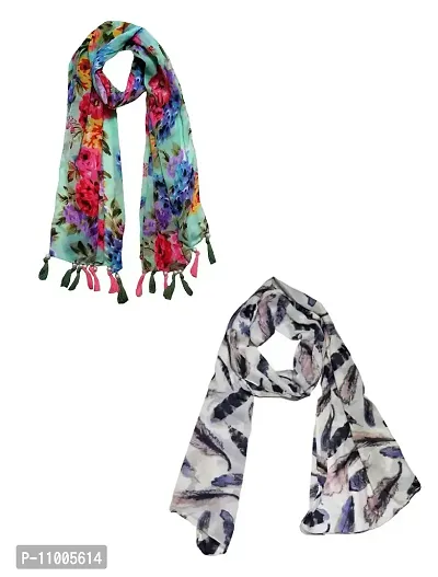 FABS COLLECTION? Women's Printed Chiffon Multicolored Scarf & Stoles with Pearl Tassels Set of 2(C2-18)-thumb0