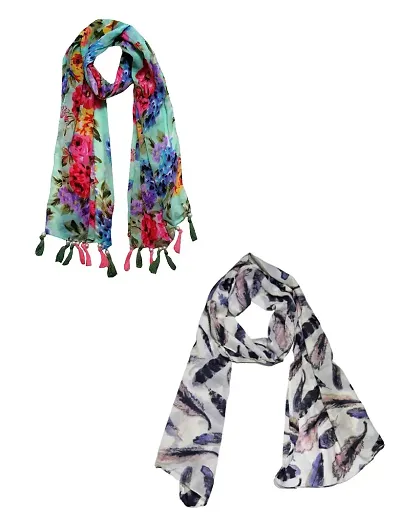 FABS COLLECTION? Women's Printed Chiffon Multicolored Scarf & Stoles with Pearl Tassels Set of 2(C2-18)