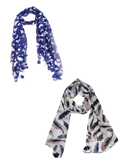FABS COLLECTION? Women's Printed Chiffon Multicolored Scarf & Stoles with Pearl Tassels Set of 2(C2-10)