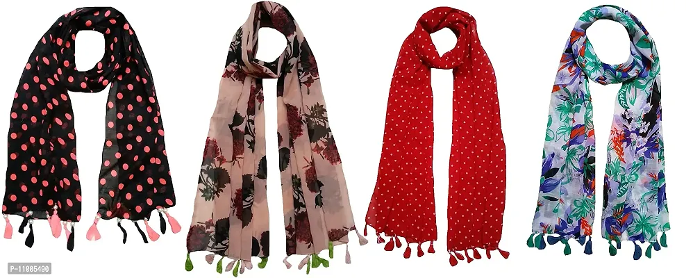 FABS COLLECTION Combo of 4 scarf stoles dupatta for Girls/Ladies/Women Printed Chiffon Multicolored Scarf and Stoles with Pearl Tassels