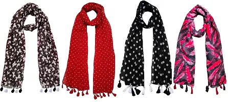 FABS COLLECTION Combo of 4 scarf stoles dupatta for Girls/Ladies/Women Printed Chiffon Multicolored Scarf and Stoles with Pearl Tassels