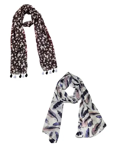FABS Collection? Women's Printed Chiffon Multicolored Scarf & Stoles with Pearl Tassels Set of 2(C2-19)