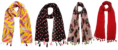 FABS COLLECTION Combo of 4 scarf stoles dupatta for Girls/Ladies/Women Printed Chiffon Multicolored Scarf and Stoles with Pearl Tassels