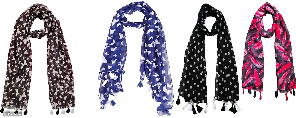 FABS COLLECTION Combo of 4 scarf stoles dupatta for Girls/Ladies/Women Printed Chiffon Multicolored Scarf and Stoles with Pearl Tassels-thumb0
