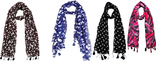 FABS COLLECTION Combo of 4 scarf stoles dupatta for Girls/Ladies/Women Printed Chiffon Multicolored Scarf and Stoles with Pearl Tassels