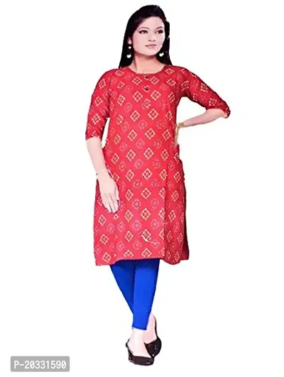 Amber Women's Rayon Round Neck Kurti (Red, Rayon)