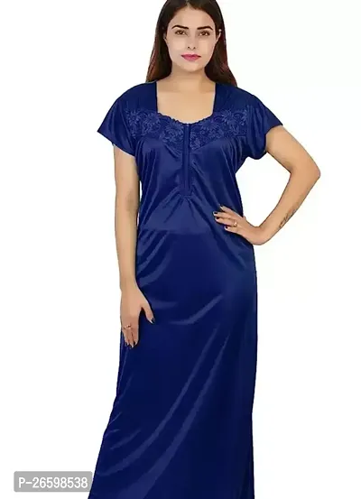 Stylish Satin Navy Blue Solid Nighty For Women-thumb0