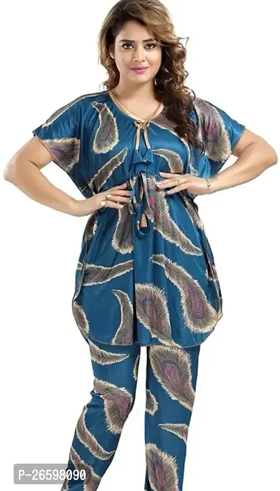 Stylish Satin Blue Printed Nighty For Women-thumb0