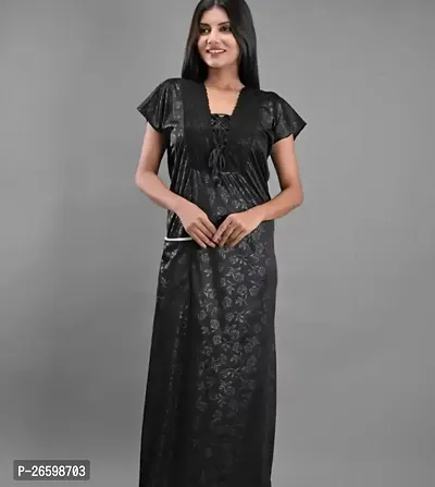 Stylish Satin Black Solid Nighty For Women-thumb0