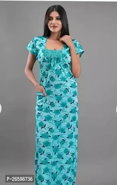 Stylish Satin Green Printed Nighty For Women-thumb0