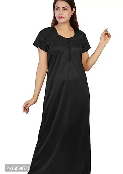 Stylish Satin Black Solid Nighty For Women-thumb0