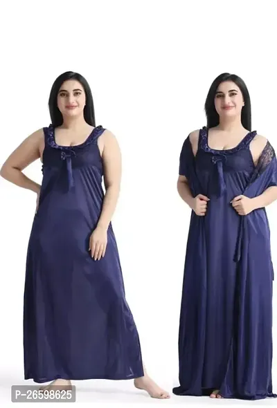 Stylish Satin Navy Blue Solid Nighty For Women Set of 2-thumb0