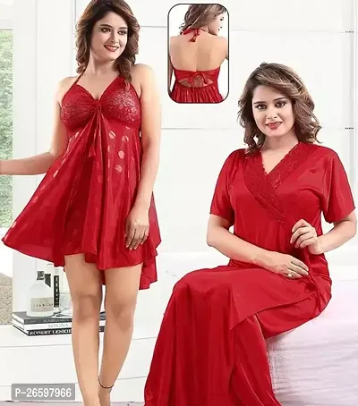 Stylish Satin Red Solid Nighty For Women Set of 2-thumb0