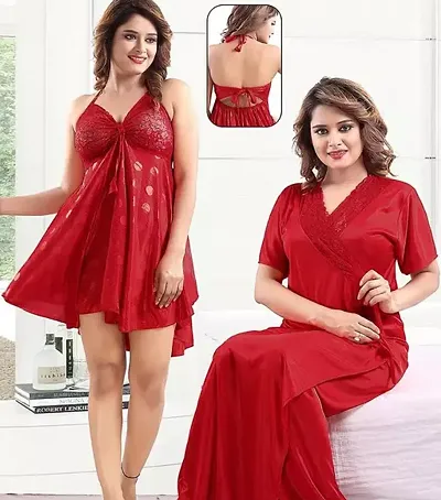 Stylish Satin Solid Nighty For Women Set of 2