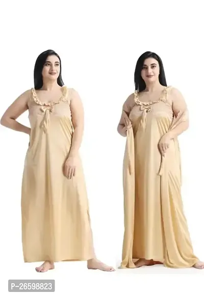 Stylish Satin Beige Solid Nighty For Women Set of 2-thumb0