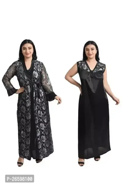 Stylish Satin Black Printed Nighty For Women Set of 2-thumb0