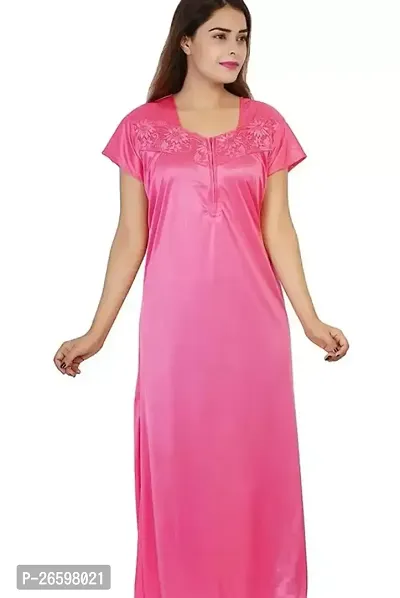 Stylish Satin Pink Solid Nighty For Women-thumb0