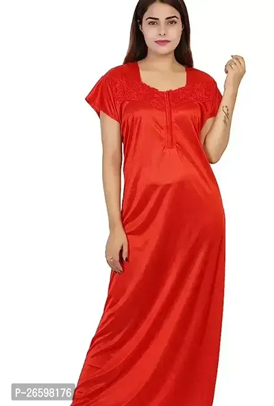 Stylish Satin Orange Solid Nighty For Women-thumb0