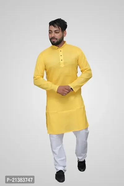 Reliable Yellow Cotton Solid Long Length Kurta For Mens