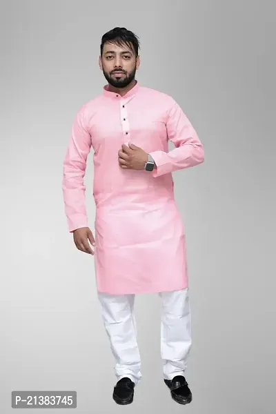 Reliable Pink Cotton Solid Long Length Kurta For Mens