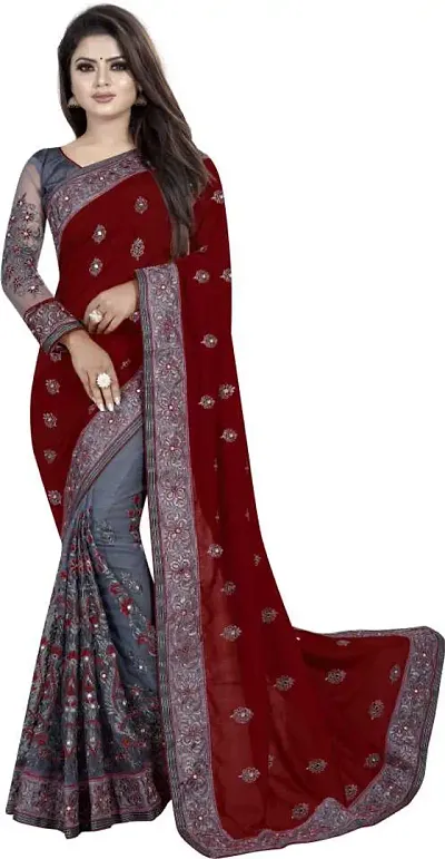 Net Embroidered Half and Half Sarees with Blouse piece
