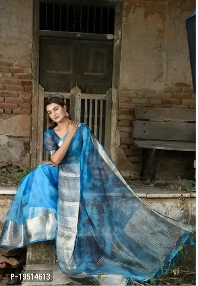 Stylish Organza Blue Solid Saree with Blouse piece For Women