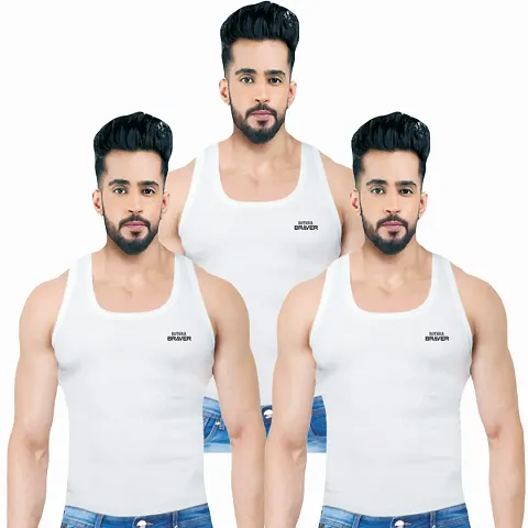 Comfortable Cotton White Solid Sleeveless Vest For Men- Pack Of 3