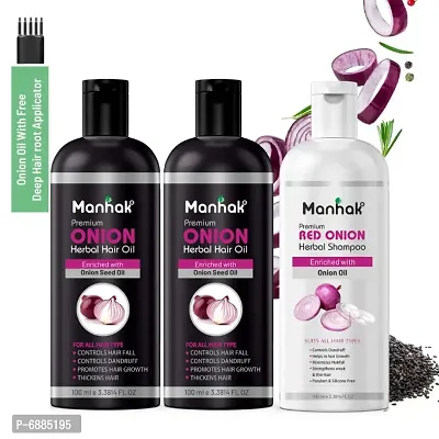 Manhak Premium Two Onion Herbal Hair Oil And One Red Onion Herbal Shampoo Combo Pack Of 3 Bottles Of 100 Ml( Bottles Each) (For Men  Women)