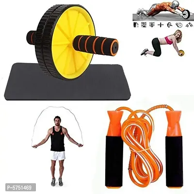 Ab Wheel Roller Abdominal Workout For Exercise And Knee Mat And Skipping Rope Jump Skipping Rope For Men, Women- Multicolor
