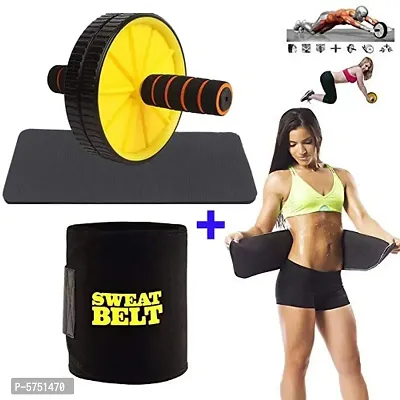 Ab Wheel Roller Abdominal Workout For Exercise With Knee Mat And Adjustable Sweat Waist Belt - Belly/Tummy Fat Burner For Men  Women