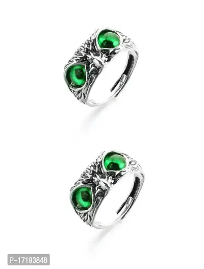 The Key House Demon Eye Owl Ring Retro Animal Open Ring Adjustable Owl Ring Open Animal Rings Statement Ring Jewelry for Women Girls Men Ring Jewelry Fingers Accessories (Green Eye) (2pc Combo)