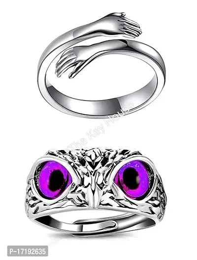 The Key House Valentine?s Stylish Hot Combo of Silver Hug Ring and Lucky Owl Eye Ring (Violet Eye) Latest Trendy Stainless Steel Couple Rings for Unisex Stainless Steel. (COMBO Pack of 2)-thumb0