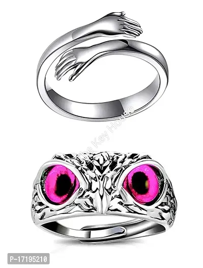 The Key House Valentine?s Stylish Hot Combo of Silver Hug Ring and Lucky Owl Eye Ring (Pink Eye) Latest Trendy Stainless Steel Couple Rings for Unisex Stainless Steel. (COMBO Pack of 2)-thumb0