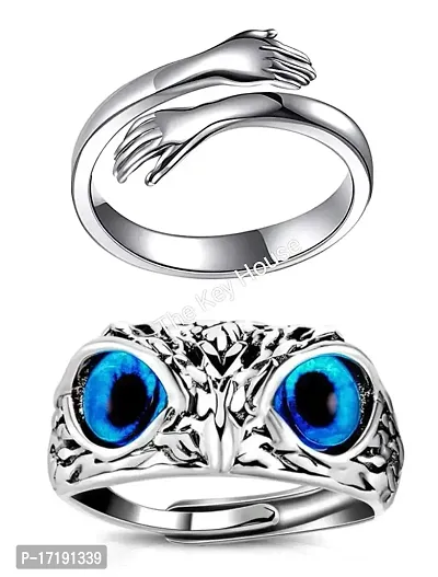 The Key House Valentine?s Stylish Hot Combo of Silver Hug Ring and Lucky Owl Eye Ring (Blue Eye) Latest Trendy Stainless Steel Couple Rings for Unisex Stainless Steel. (COMBO Pack of 2)-thumb0