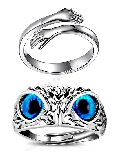 The Key House Valentine?s Stylish Hot Combo of Hug Ring and Lucky Owl Eye Ring (Blue Eye) Latest Trendy Stainless Couple Rings for Unisex Stainless Steel. (COMBO Pack of 2)