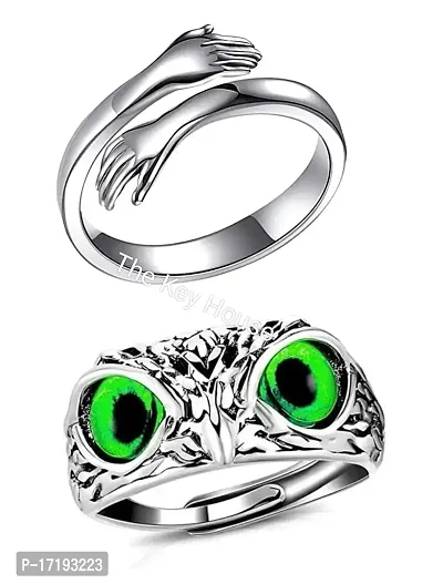 The Key House Valentine?s Stylish Hot Combo of Silver Hug Ring and Lucky Owl Eye Ring (Green Eye) Latest Trendy Stainless Steel Couple Rings for Unisex Stainless Steel. (COMBO Pack of 2)