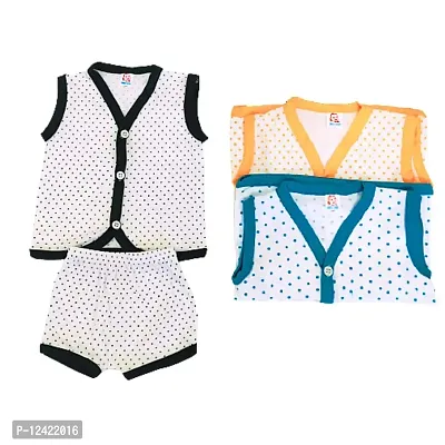 New Born Baby Boy  Girls Stylish Trendy Top/TShirt and Shorts White Dot Design Dress set with front button open. Pack of 3pc set (0-6 Months)(Multicolor,Multidesign)-thumb0