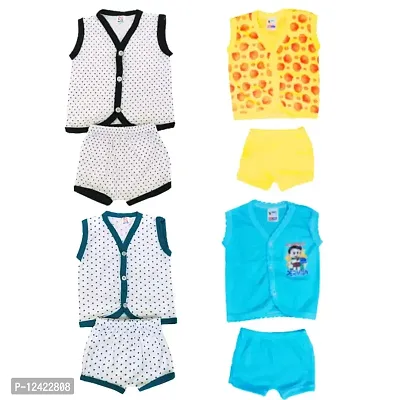 New Born Baby Boy&Girls Stylish Color Jablas/Top and Shorts Dress set&Stylish Jablas/T-Shirt and Shorts Dress set White Dot with Front Button Open. Pack of (2+2) 4pc Dress set (0-6 Months)