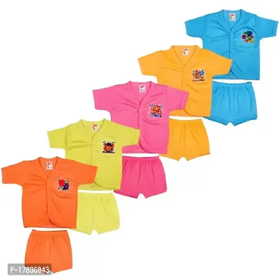 New Born Baby Boy  Girls Stylish Trendy Jhablas/Top/T-Shirt and Shorts Dress set with Front Button Open. Pack of 5 pc set (Multicolor)-thumb0