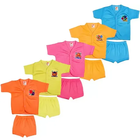 New Born Baby Boy Girls Stylish Trendy Jhablas/Top/T-Shirt and Shorts Dress set with Front Button Open. Pack of 5 pc set (Multicolor)